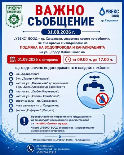 Улици в Сандански остават без вода утре