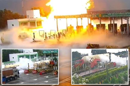 Странно видео показва как цистерна с газ избухва в огнено кълбо, след като се блъска в кабината за плащане на такси, убивайки 5
