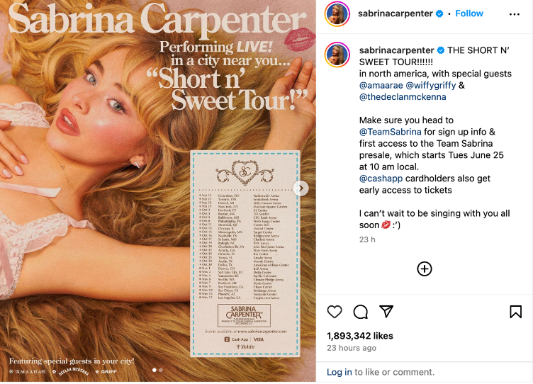 сабрина карпентър обяви своето предстоящо турне short sweet