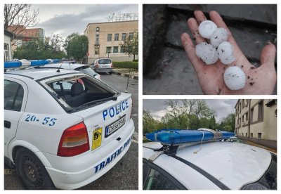 СЛЕД ГРАДУШКАТА: 9 полицейски коли пострадаха в Нова Загора (СНИМКИ)