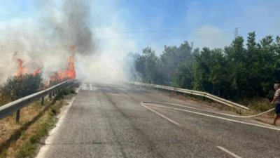 Пожар блокира пътя между селата Звъничево и Лозен в Пазарджишко