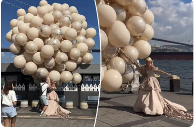Булка едва не отлетя с гигантски балони по време на сватбена фотосесия в Истанбул