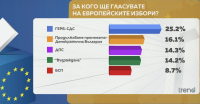 "Тренд": Над 9% е разликата между ГЕРБ-СДС и ПП-ДБ за предстоящите избори